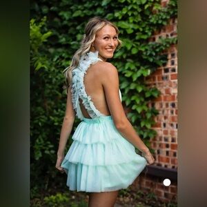 Elegant Teal Ruffle Tulle Mini Dress